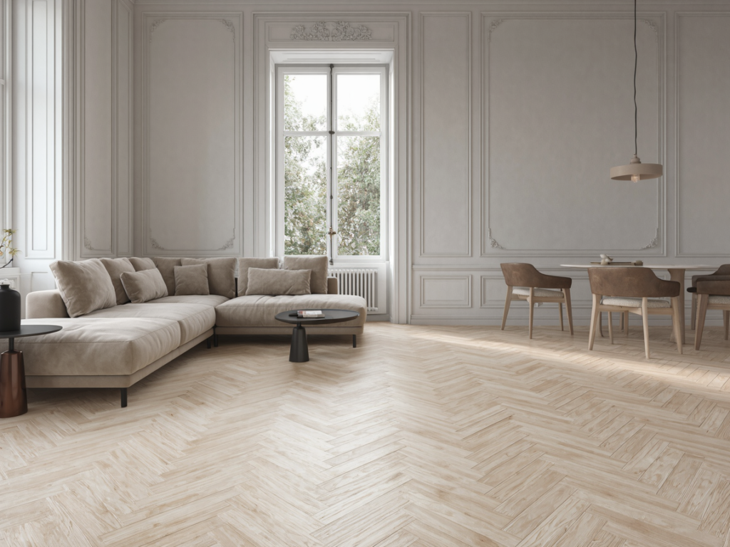 Plancher en érable blanc à chevrons